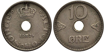 Норвегия 10 эре 1924 Хокон VII (1905-1957) KM 383 медно-никель 4549-944