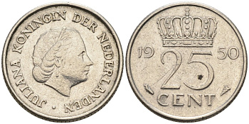 Нидерланды 25 центов 1950 Юлиана (1949-1980) KM 183 никель 4567-547