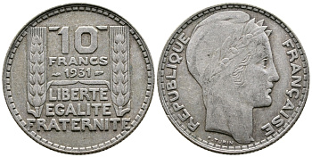 Франция 10 франков 1934 Пьер Тюрен KM 878, Le Franc 360.7 серебро 93-636