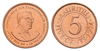 Маврикий 5 центов 1994 KM 52 сталь плакированная медью UNC 4588-257