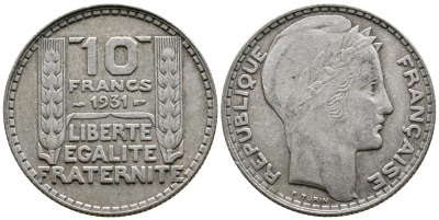 Франция 10 франков 1934 Пьер Тюрен KM 878, Le Franc 360.7 серебро 93-636
