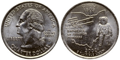США 25 центов = квотер 2002 D, серия штаты США, Огайо KM 332 медь плакированная медно-никелем UNC 80-312