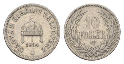 Венгрия 10 филлеров 1894 KB, Франц Иосиф I (1848-1916) KM 482 никель 4664-948