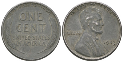США 1 цент 1943 Авраам Линкольн KM 132 a сталь покрытая цинком 214-1059