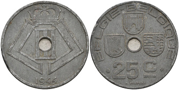 Бельгия 25 сантимов 1944 BELGIE-BELGIQUE KM 132 цинк 4117-1142
