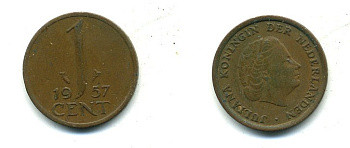 Нидерланды 1 цент 1957 Юлиана (1949-1980) KM 180 бронза 35-1355