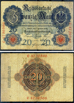 Германия 20 марок 1910 Pick 40 b бумага 7191-4-1-2