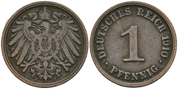 Германия 1 пфенниг 1910 J, Вильгельм II (1888-1918) KM 10, J. 10 медь 4608-248
