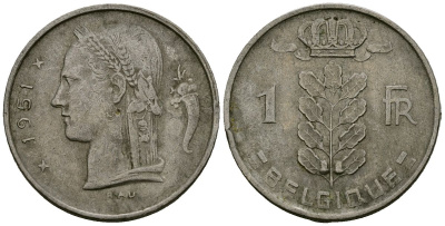 Бельгия 1 франк 1951 Belgique KM 142 медно-никель 4172-531