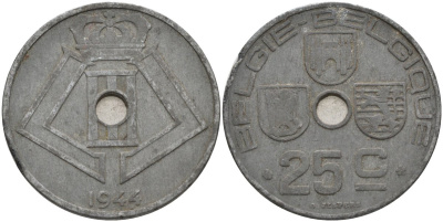 Бельгия 25 сантимов 1944 BELGIE-BELGIQUE KM 132 цинк 4117-1142
