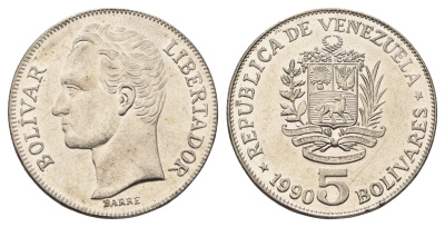 Венесуэла 5 боливаров 1990 Симон Боливар Y 53a сталь плакированная никелем aUNC 4645-1145