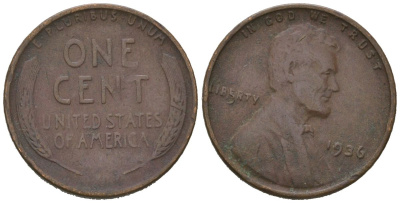 США 1 цент 1936 Авраам Линкольн  KM 132 бронза 211-532