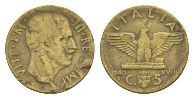 Италия 5 чентезимо 1940 KM 73a алюминиевая бронза 4547-723