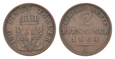 Пруссия 2 пфеннига 1864 A, Вильгельм I (1861-1888) KM 481, Jaeger 51, AKS 107, Olding 425 медь 4651-316