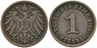 Германия 1 пфенниг 1910 J, Вильгельм II (1888-1918) KM 10, J. 10 медь 4608-248