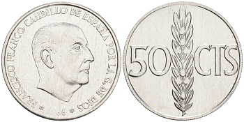 ИСПАНИЯ 50 СЕНТИМО 1966 (73) ФРАНСИСКО ФРАНКО ДИКТАТОР ИСПАНИИ (1939-1975) KM 795 алюминий 192-832