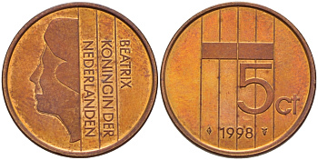 НИДЕРЛАНДЫ 5 ЦЕНТОВ 1998 БЕАТРИКС KM 202 бронза 67-733