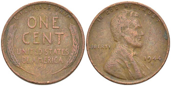 США 1 ЦЕНТ 1944 S, ЛИНКОЛЬН KM А132 медь цинк 218-928