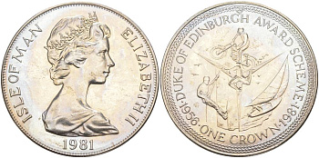 Остров Мэн 1 крона 1981 приз герцога Эдинбургского, мотоспорт, яхтинг, скалолазание КМ 76 медно-никель UNC 4527-1115