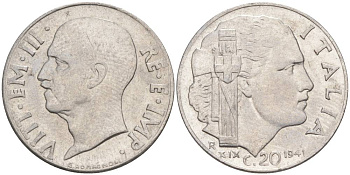 ИТАЛИЯ 20 ЧЕНТЕЗИМО 1941 R, ГОД XIX, ВИКТОР ЭММАНУИЛ III (1900-1946) KM 75b, VEM3. 1028 нержавеющая сталь 3853-1124