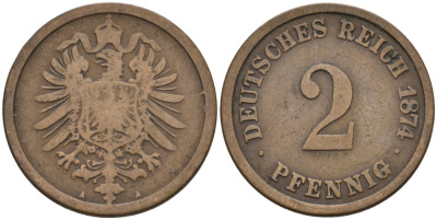 Германия 2 пфеннига 1874 А, старогербовка KM 2, J. 2 медь 4573-1242