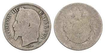 Франция 1 франк 1866 A, Наполеон III (1852-1870) KM 866.1 серебро 51-1657