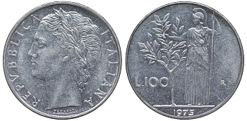 Италия 100 лир 1975 R KM 96.1 нержавеющая сталь 4144-111