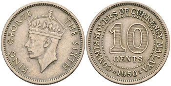Британская Малайя 10 центов 1950 Георг VI (1937-1952) KM 8 медно-никель 4567-128
