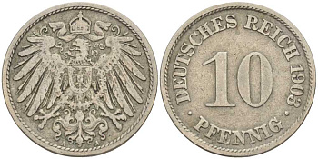 ГЕРМАНИЯ 10 ПФЕННИГОВ 1903 A KM 12, J. 13 медно-никель 4401-1245