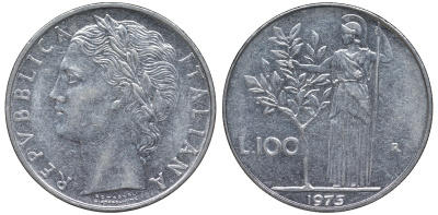 Италия 100 лир 1975 R KM 96.1 нержавеющая сталь 4144-111