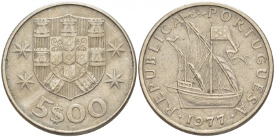 ПОРТУГАЛИЯ 5 ЭСКУДО 1977 ПАРУСНИК KM 591 медно-никель 3457-711