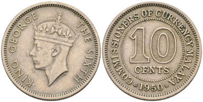Британская Малайя 10 центов 1950 Георг VI (1937-1952) KM 8 медно-никель 4567-128