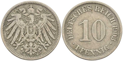 ГЕРМАНИЯ 10 ПФЕННИГОВ 1903 A KM 12, J. 13 медно-никель 4401-1245