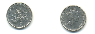 Великобритания 5 пенсов 1990 Елизавета II (1952-2022) KM 937b, Spink 4372 (D4) медно-никель 59-642
