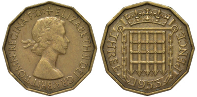 Великобритания 3 пенса 1953 Елизавета II (1952-2022) KM 886, Spink 4152 никель латунь 4122-924