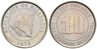 Никарагуа 10 сентаво 1978 карта страны KM 31 медно-никель  UNC  220-1225