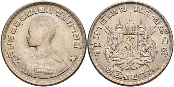 Таиланд 1 бат 1962 BE 2505, король Рама IX, молодой портрет KM 84 медно-никель UNC 189-1023