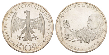 ФРГ 10 марок 1992 G, 125 лет со дня рождения Кете Кольвиц KM 178 серебро UNC 4634-1023