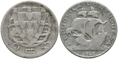Португалия 2,50 эскудо 1940 парусник КМ 580 серебро 202-353