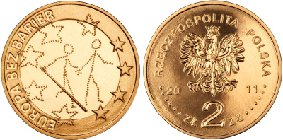Польша 2 злотых 2011 MW, 100 лет общества слепых, Европа без границ KM 795 нордик UNC 4676-845