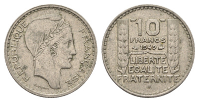 Франция 10 франков 1949 B KM 909.2 медно-никель    4660-251