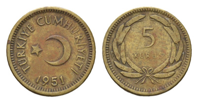 Турция 5 курушей 1951 KM 887 латунь 45-1221