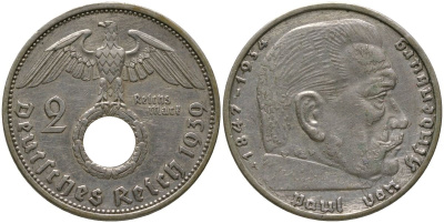Германия 2 рейхсмарки 1939 A, Гинденбург, символика KM 93 серебро 4571-315