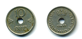 НОРВЕГИЯ 10 ЭРЕ 1947 KM 383 медно-никель 04-1051