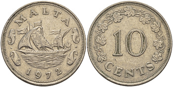 Мальта 10 центов 1972 баржа Великого магистра KM 11 медно-никель 82-544