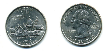 США 25 центов = квотер 2000 D, серия штаты США, Вирджиния KM 309медь плакированная медно-никелем 46-1341