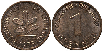 ФРГ 1 пфенниг 1978 J KM 105, J.380 сталь плакированная медью 99-342