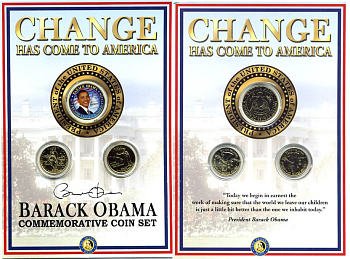 США набор из 3 монет 2003-2008 1/2 доллара (50 центов) - Барак Обама, 25 центов Иллинойс и 25 центов Гаваи. В оригинальном буклете, позолота, цветная эмаль, сертификат  медно-никель  UNC  7-6-1-02