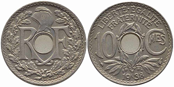 ФРАНЦИЯ 10 САНТИМОВ 1938 ТИП ЛИНДАЙЁ KM 866а, LE FRANC 138.25 медно-никель 108-235