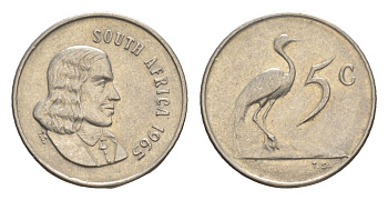 ЮАР 5 центов 1965 Ян ван Рибек (1619-1677), Suid Africa, легенда на африкаанс, райский журавль KM 67.1 медно-никель 4649-549